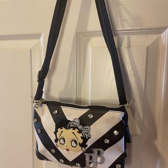 Betty Boop black and white crossbody/shoulder bag with Rhinestones studs. - Picture 2 of 14